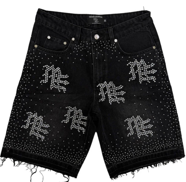 Mixed Emotion Rhinestone Denim Shorts Black