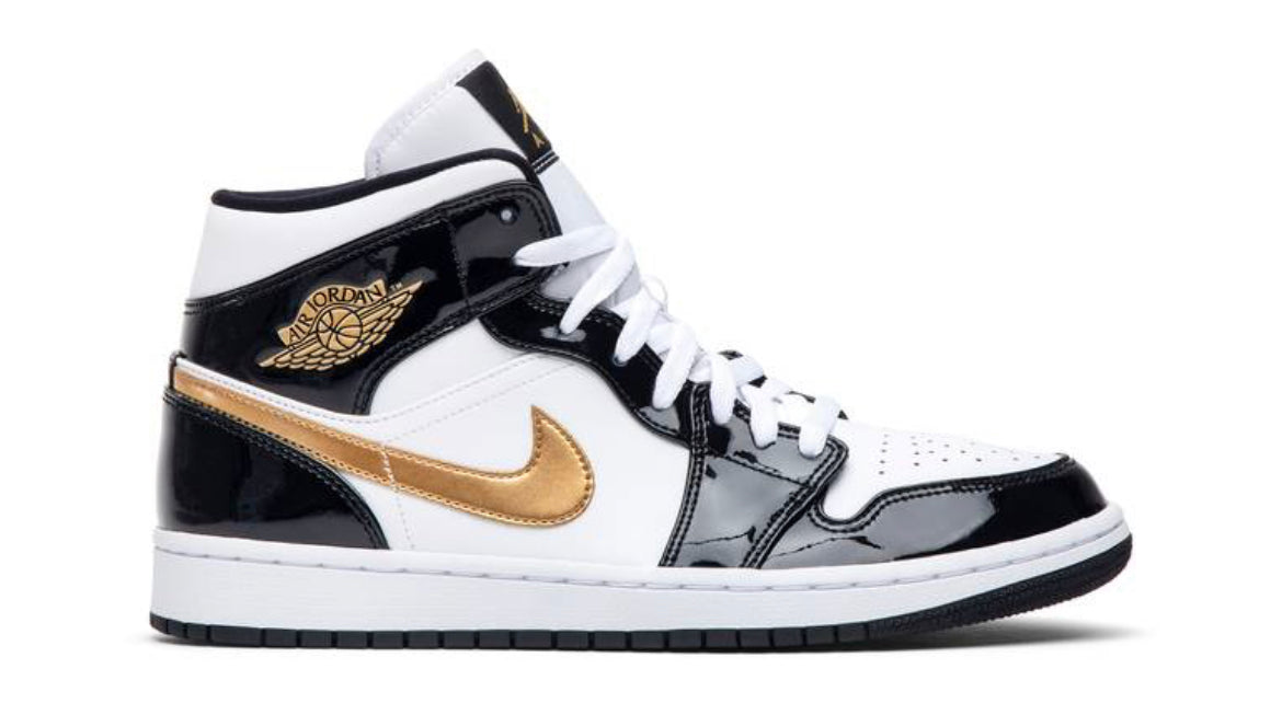 Jordan 1 Mid Patent Black Gold