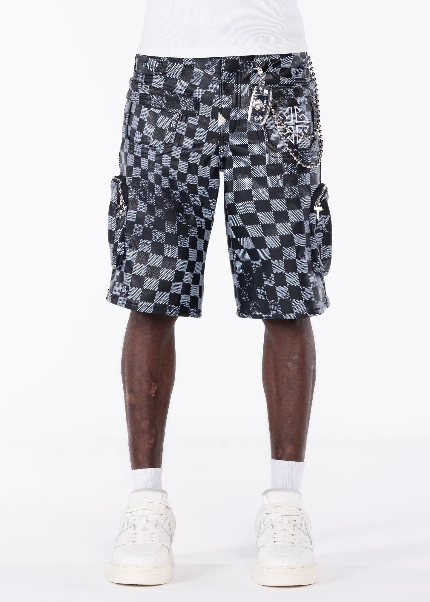 Guapi Black Checkered Leather Shorts