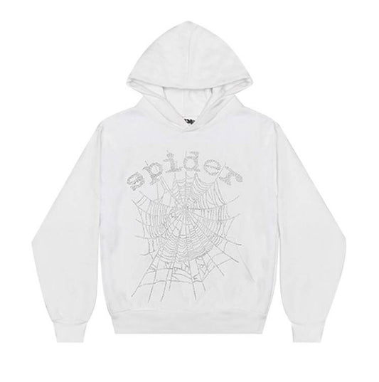 Sp5der OG Rhinestone White Hoodie (Minor Stain)