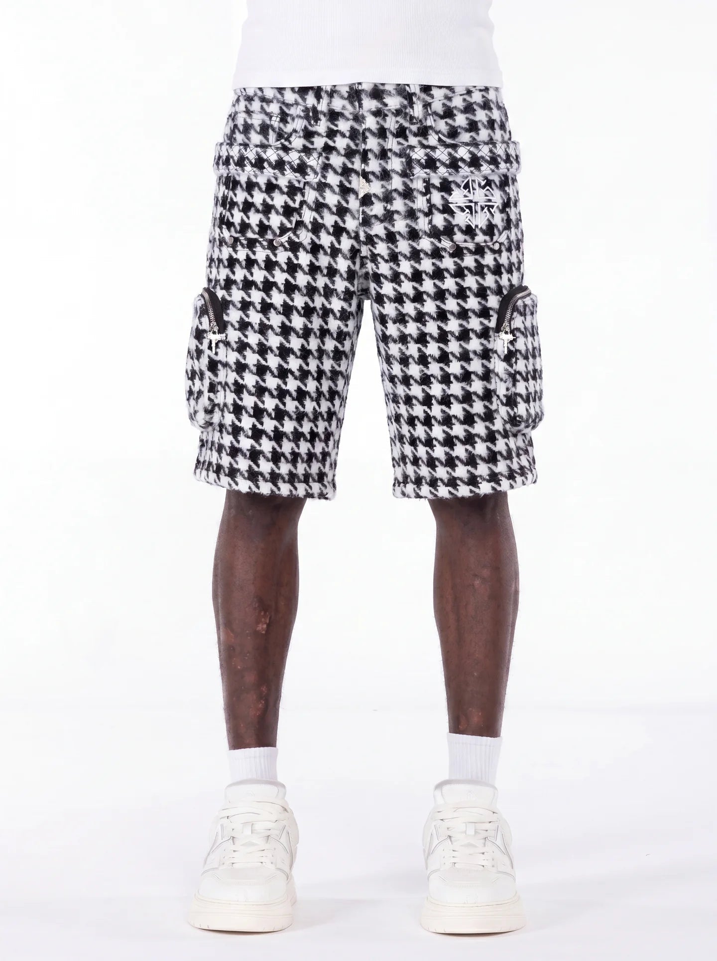 Guapi White Houndstooth Furry Shorts
