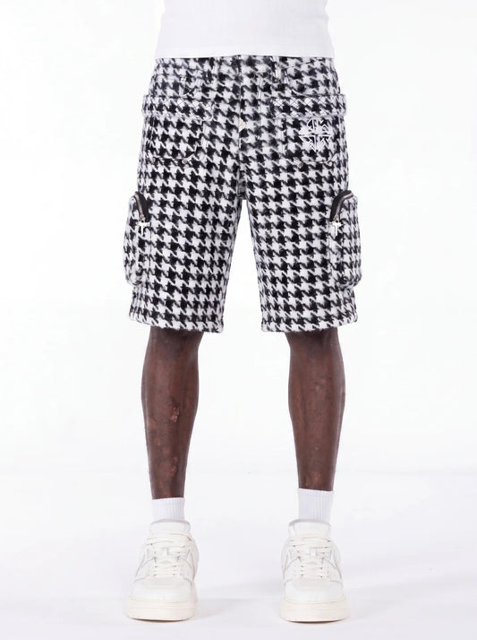 Guapi White Houndstooth Furry Shorts