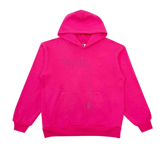 Sp5der Wait Stone Rhinestone Hoodie Pink