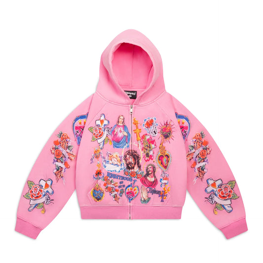 We Are Righteous Risen King Cropped Zip Up Pink