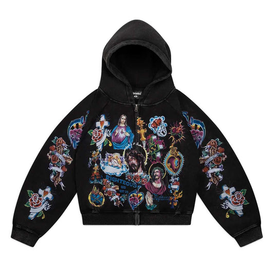 We Are Righteous Risen King Cropped Zip Up Black