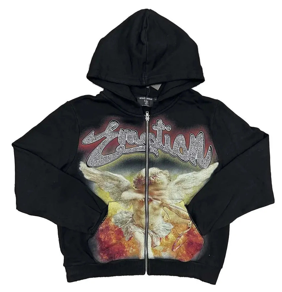 Mixed Emotion Archer Black Red Rhinestone Hoodie